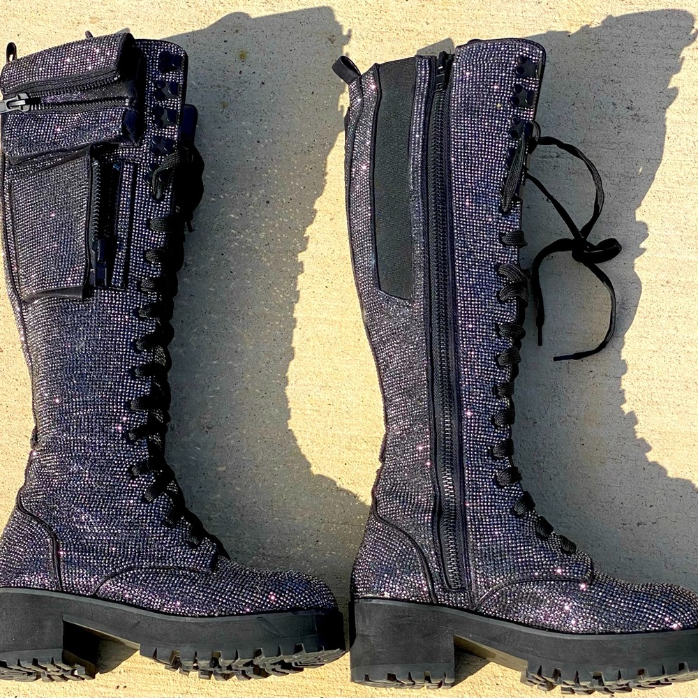 Club Exx Bling Brigade Pocket Black Sparkle Combat Boots